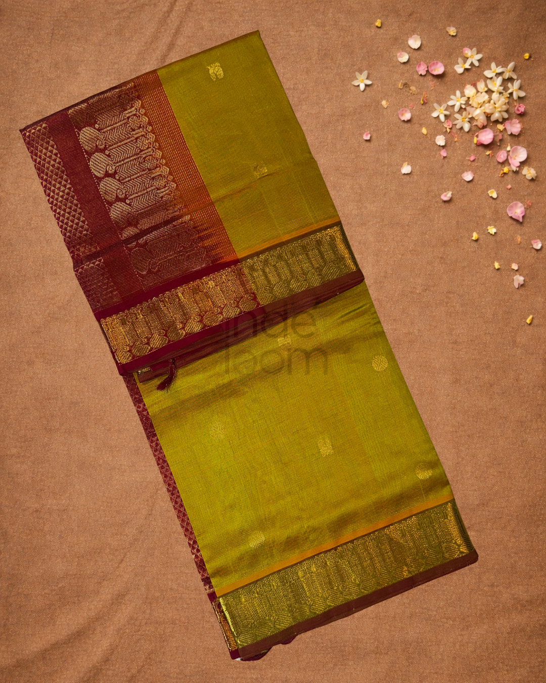 Handloom Korvai Silk Cotton Saree  |  Lime Green