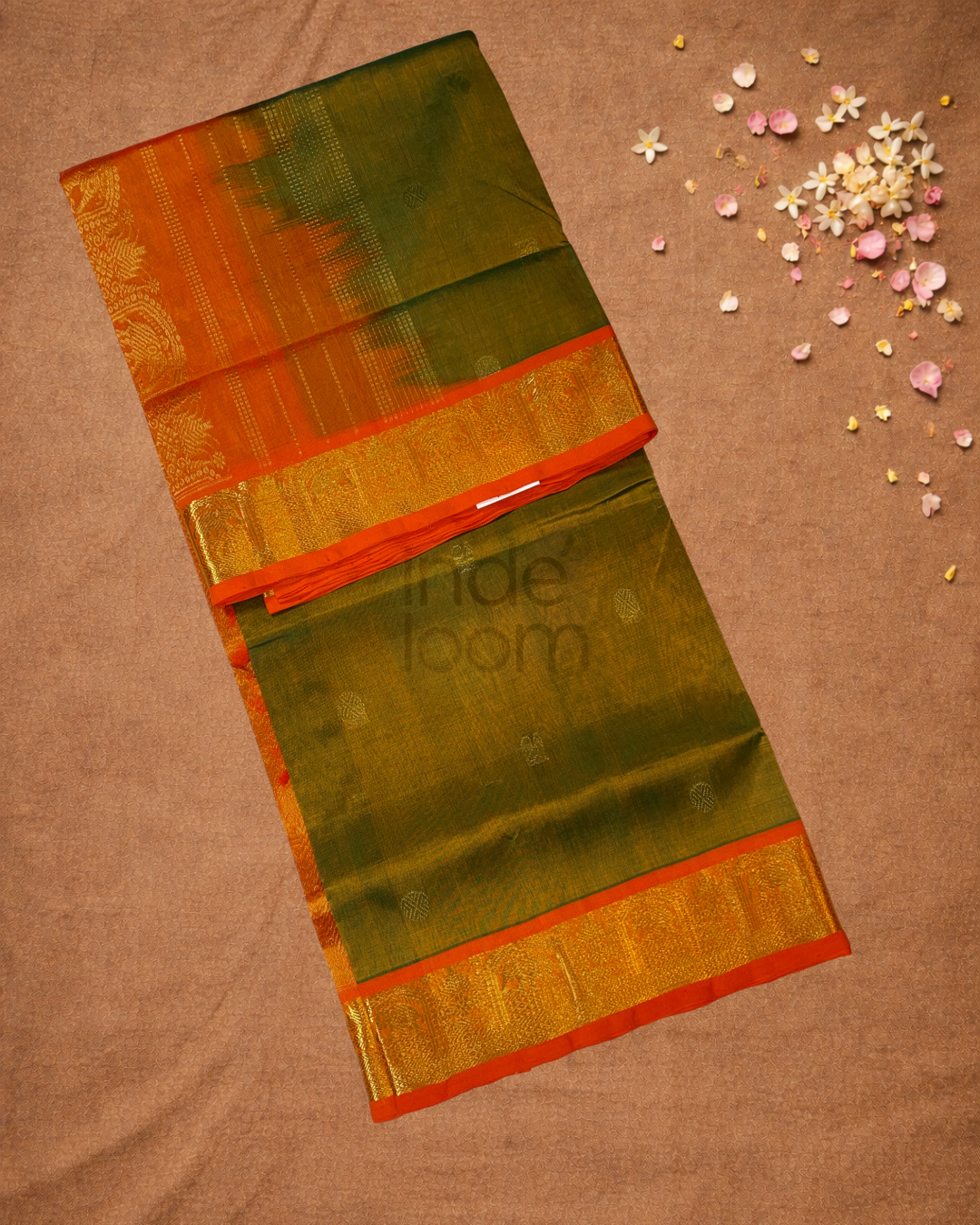 Handloom Korvai Silk Cotton Saree  |  Moss Green