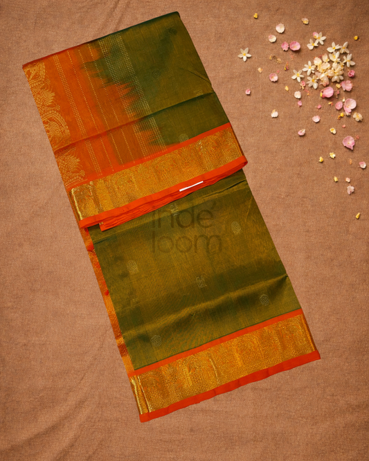 Handloom Korvai Silk Cotton Saree  |  Moss Green