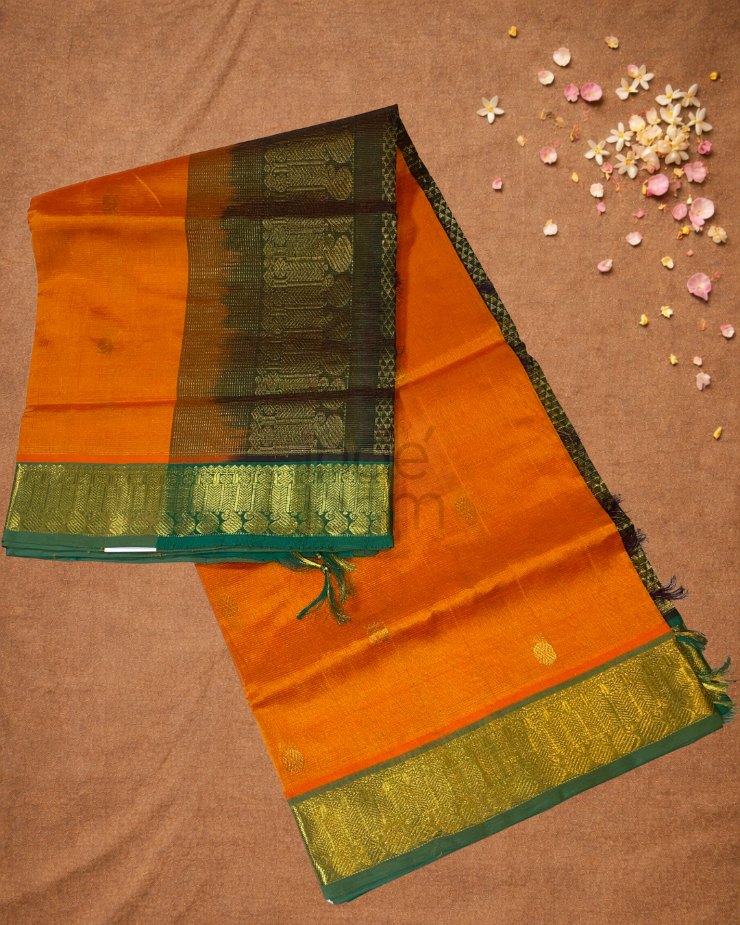 Pure Handloom Korvai Saree |  Fire Orange