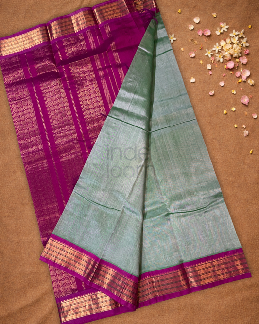 Handloom Korvai Silk Cotton Saree  |  Peacock Teal