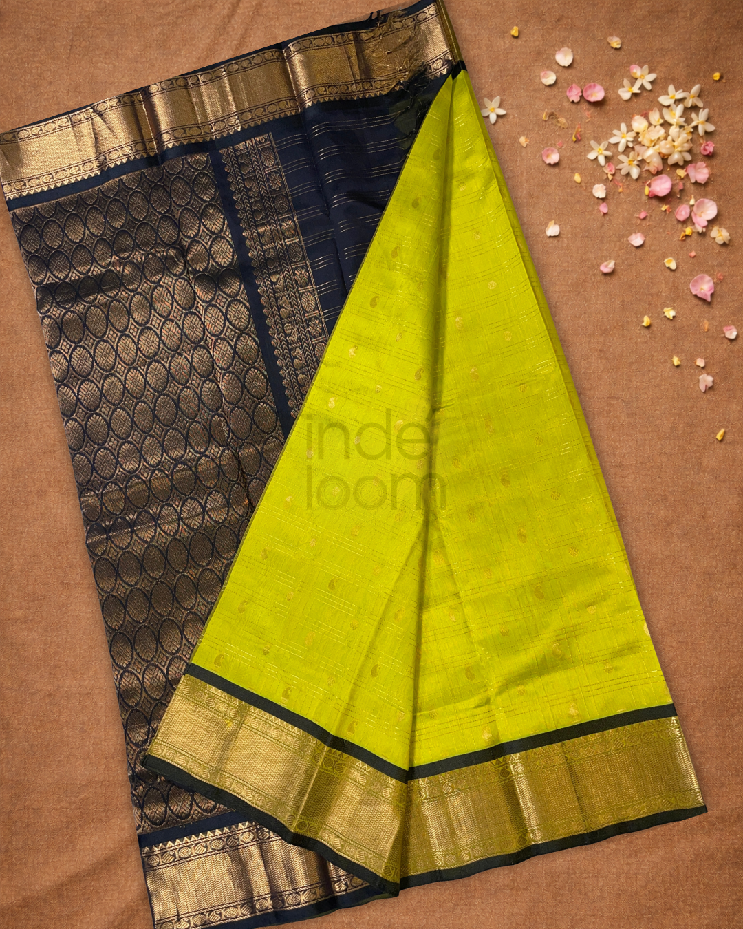 Handloom Korvai Silk Cotton Saree  |  Lime Green