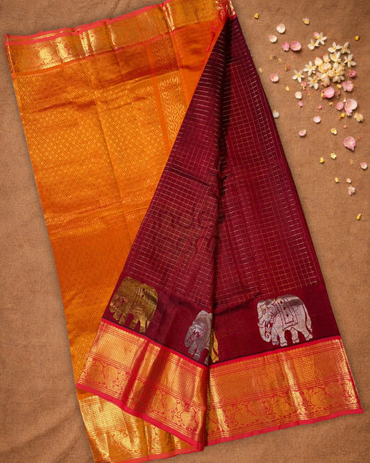 Pure Handloom Korvai Saree | Dark Red