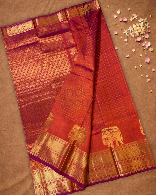 Pure Handloom Korvai Saree | Dark Orange