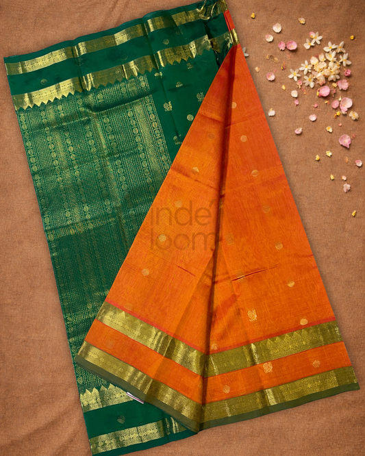Pure Handloom Korvai Saree | Fire Orange