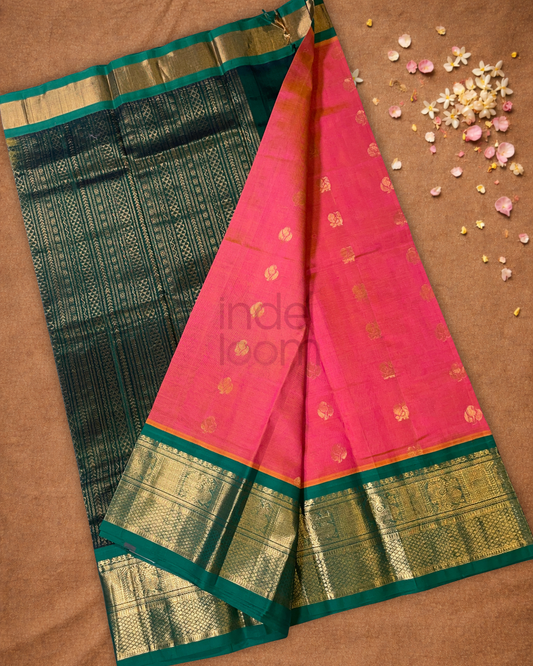 Handloom Korvai Silk Cotton Saree  |  Rose Pink