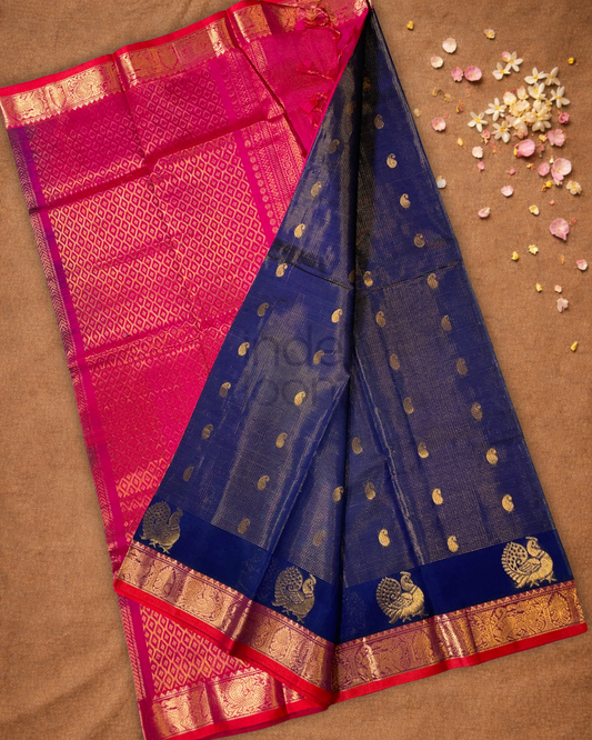 Pure Handloom Korvai Saree | Peacock Blue