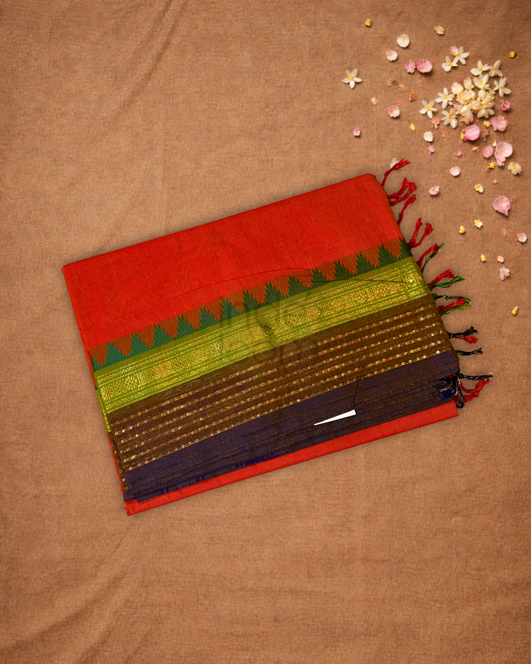 Chettinad Cottton Saree With Bright Orange