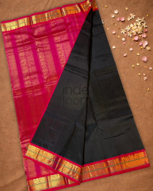 Handloom Korvai Silk Cotton Saree  |  Midnight Black