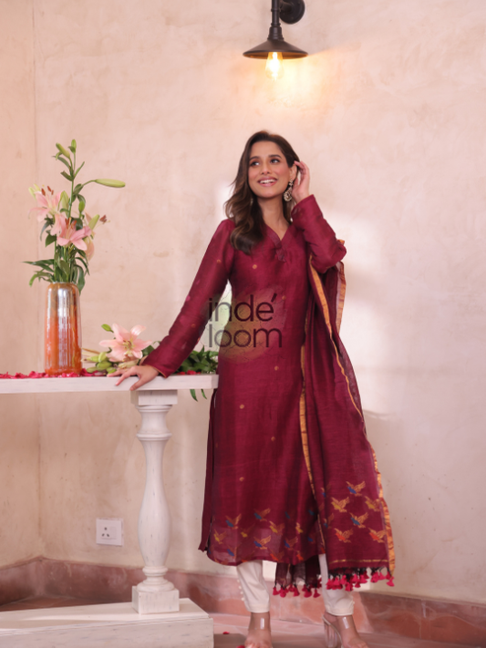 Handwoven Jamdani Cotton Linen Unstitched 2-piece Kurti  |  Maroon Red