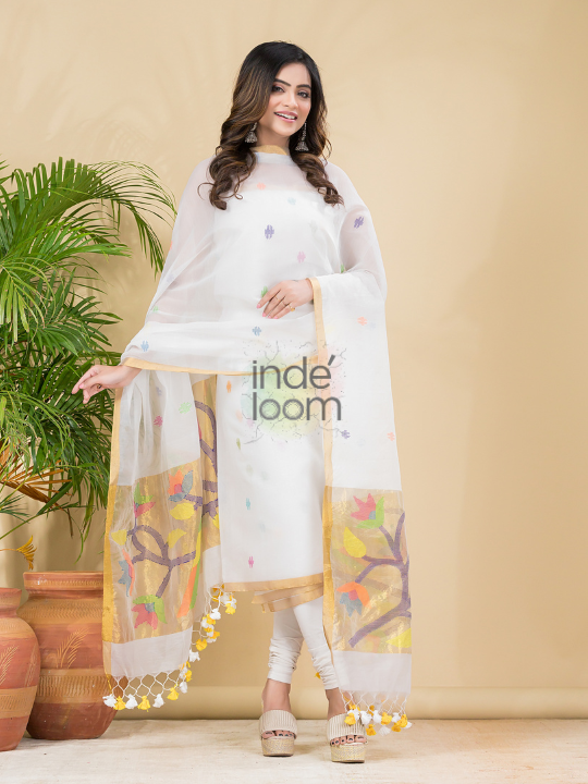 Soft White | Handloom Jamdani Muslin Unstitched 2-Piece Kurti | Paithani Design