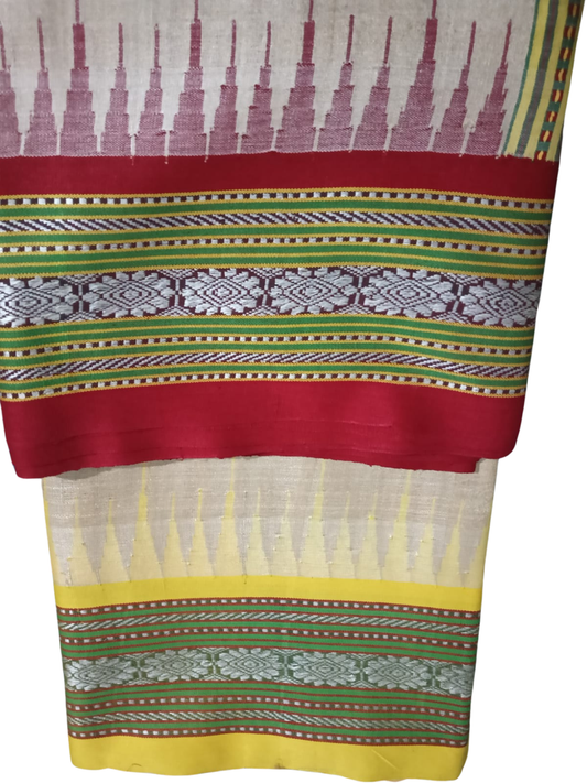 Red and Handloom Vidarbha Tussar Silk Saree with Multicolor Contrast Border -012