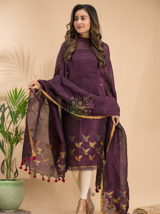 Raisin Plum | Handloom Jamdani Linen Unstitched 2-Piece Kurti