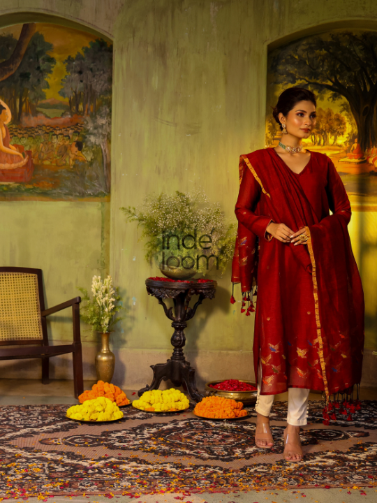 Handwoven Jamdani Linen Cotton Kurti  |  Burgundy Red