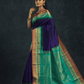 Pure Handloom Korvai Silk Cotton Saree in Rich Sapphire Blue and Teal Moss with Golden temple Border - 138