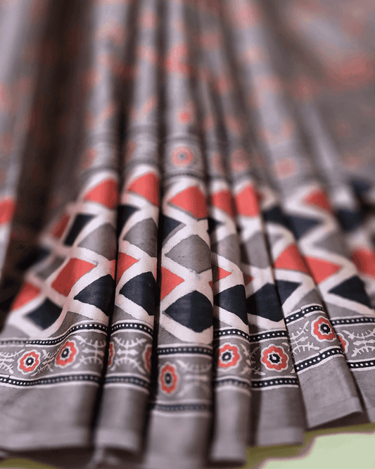 Ajrakh Exclusive Designer Modal Silk in Brick Red and Black - 027 - indeloom