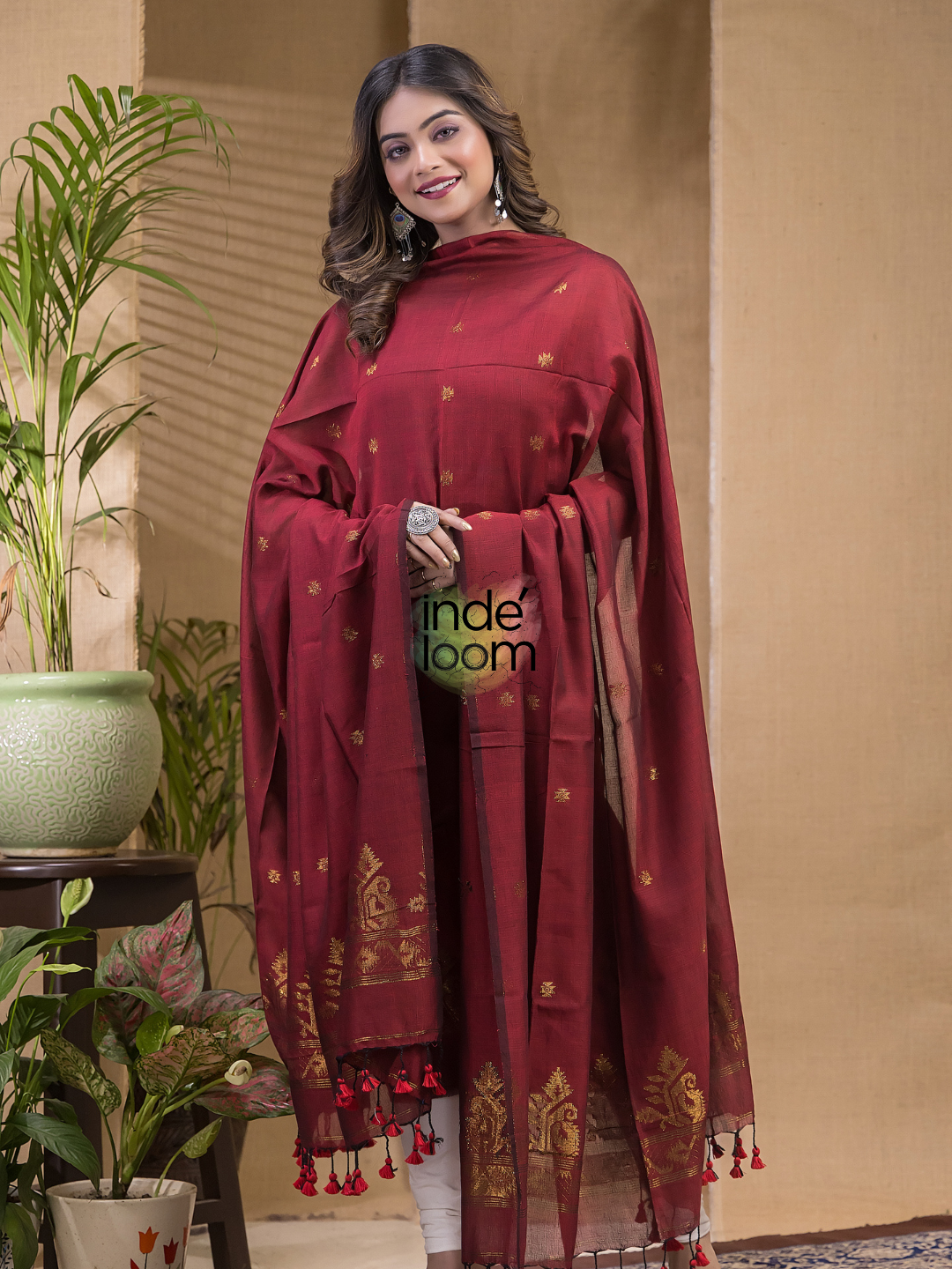 Terracotta Rouge | Handloom Jamdani Cotton Unstitched 2-Piece Kurti | Meenakari Design