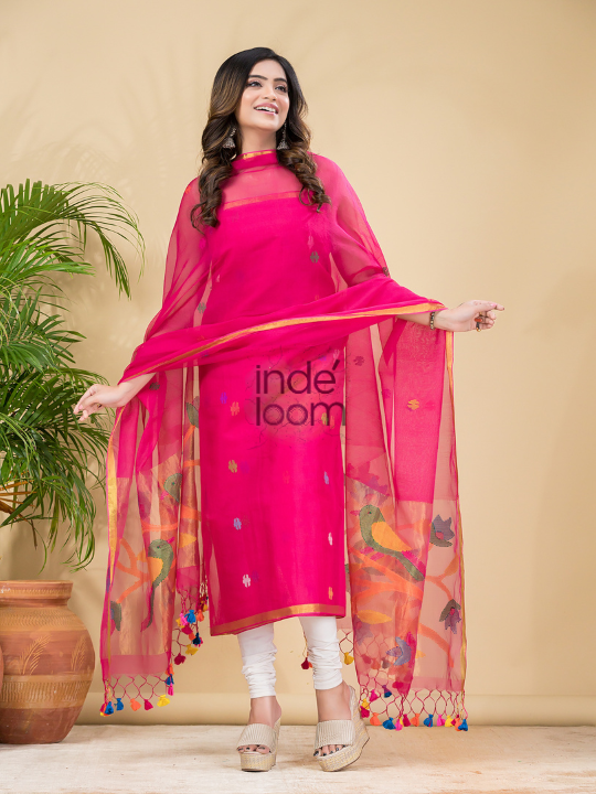 Hot Magenta | Handloom Jamdani Muslin Unstitched 2-Piece Kurti | Paithani Design