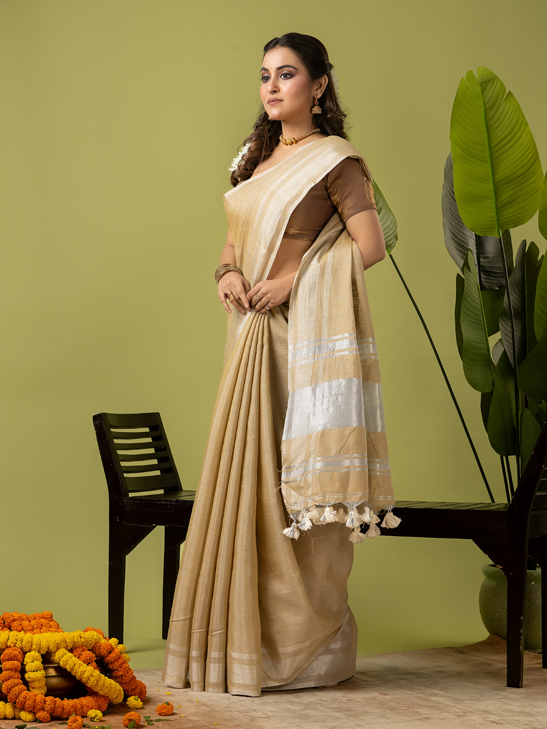 Pure Handloom Linen Saree | Khaki Golden Green  and Green | Half and Half style with Contrast Border