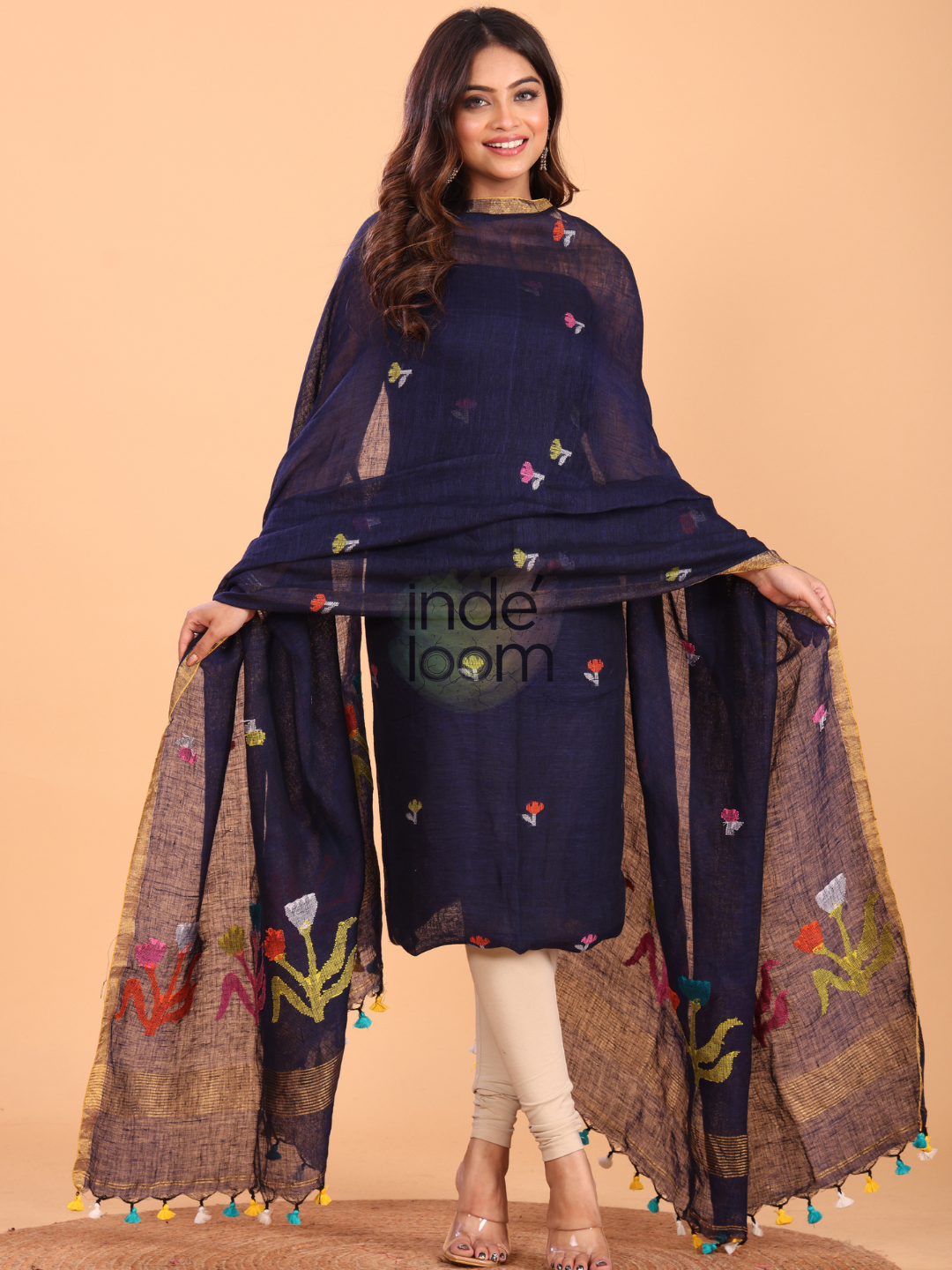 Midnight Blue Linen x Linen Jamdani 2-Piece Set Kurti & Dupatta (UNSTITCHED) - 051
