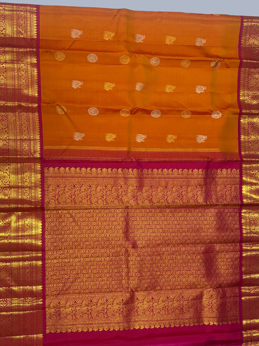 Pure Handwoven Gadwal Silk Saree With Safron Orange - 010