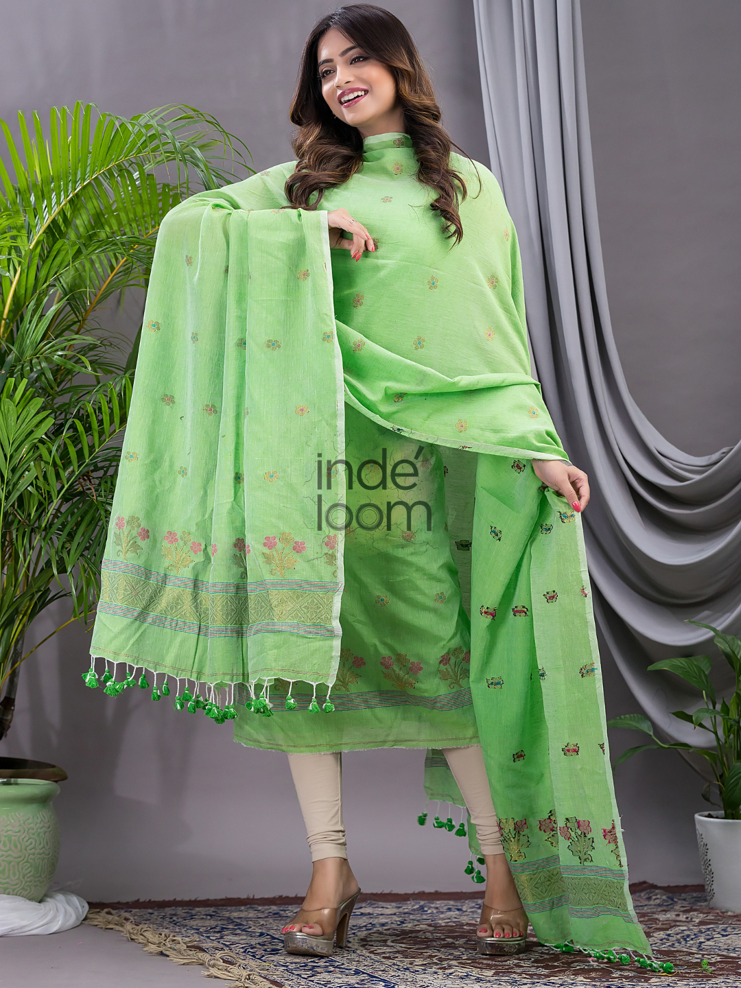 Handwoven Jamdani Silk Cotton Kurti  |  Lime Green