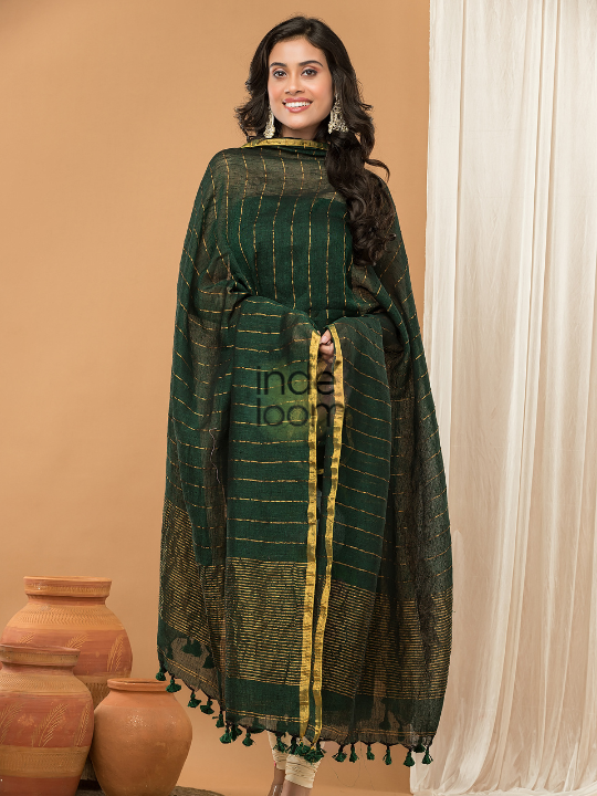 Forest Green | Handloom Jamdani Linen Unstitched 2-Piece Kurti