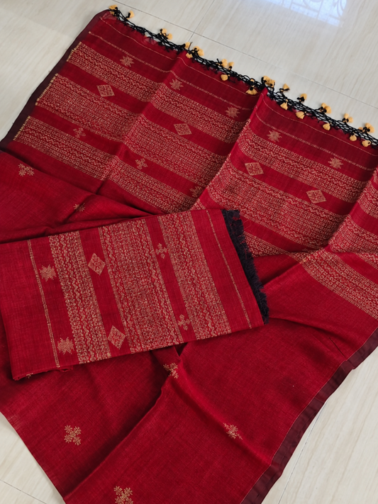 Pure Handloom Linen Unstitched 2-piece  Kurti | red