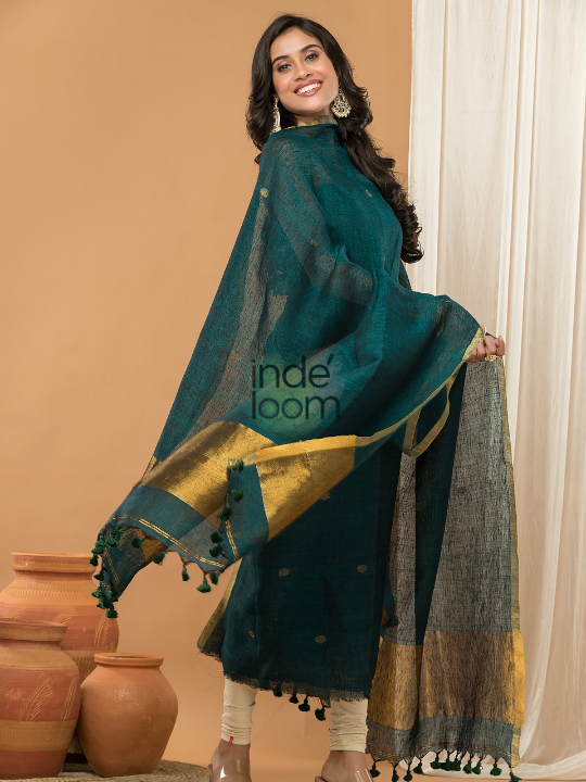 Slate Teal | Handloom Jamdani Linen Unstitched 2-Piece Kurti