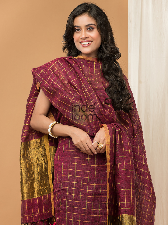 Handwoven Jamdani Linen Kurti  |  Maroon Red