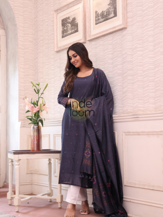 Slate Blue Grey | Handloom Jamdani Cotton Unstitched 2-Piece Kurti | Bhujodi Design