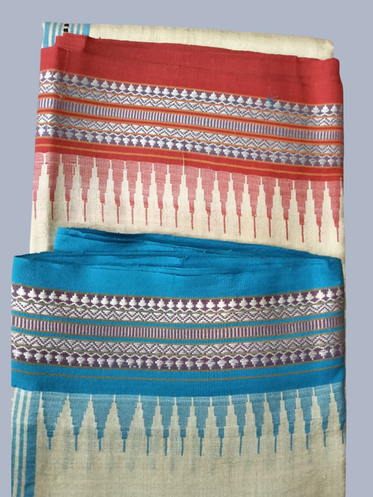 Blood Red And Sky Blue  Handloom Vidarbha Tussar Silk Saree with Multicolor Contrast Border -121