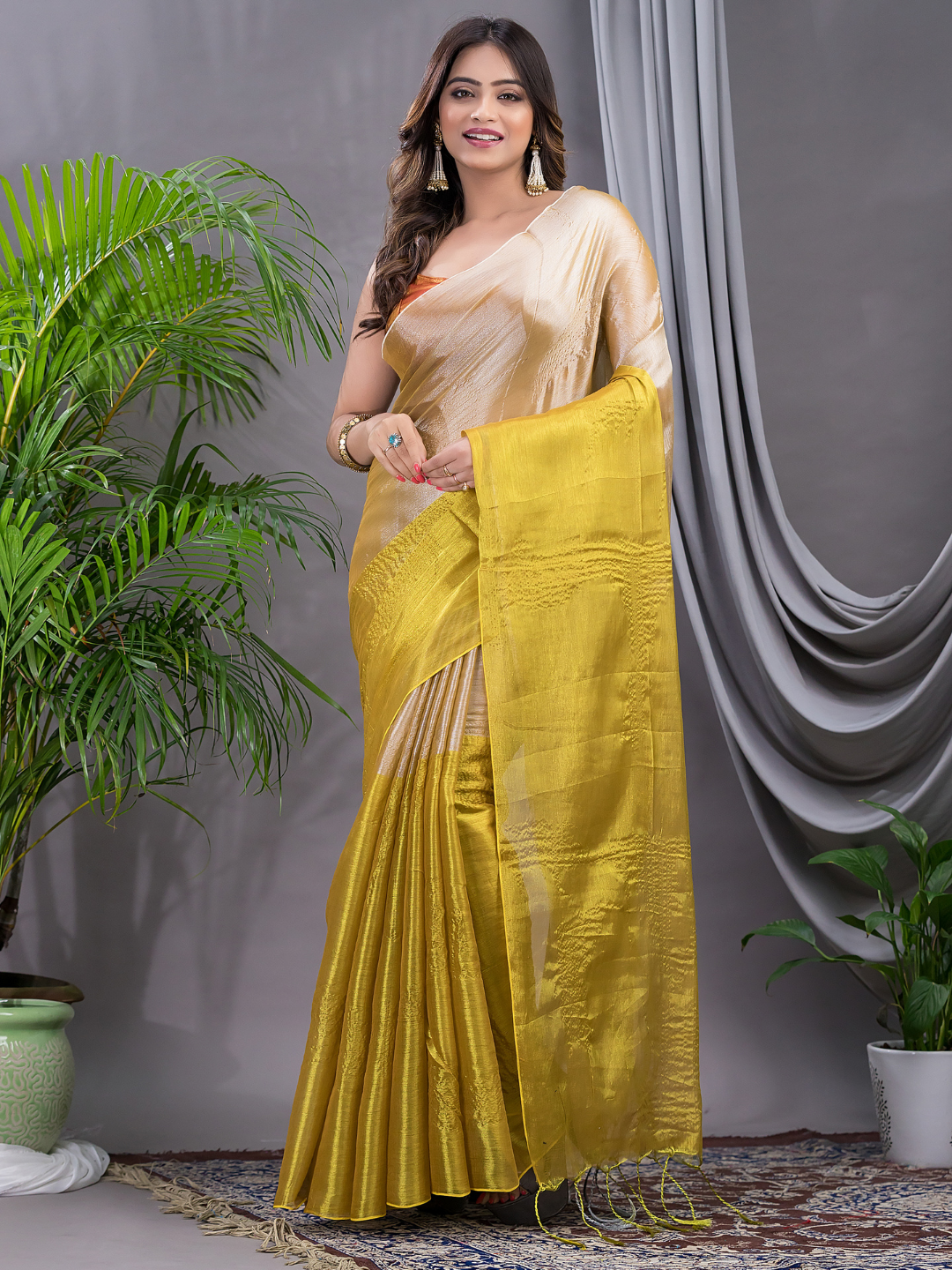 Tissue Silk Saree With Golden Yellow - 007