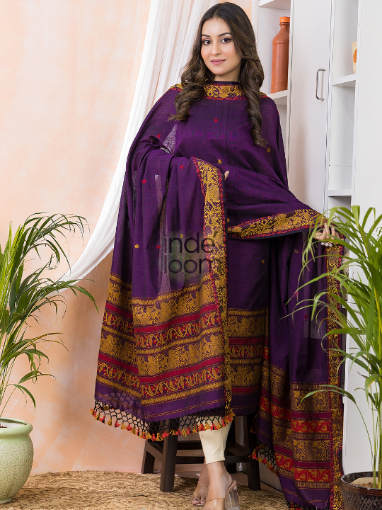Royal Plum | Handloom Jamdani Muslin Unstitched 2-Piece Kurti | Baluchari Design
