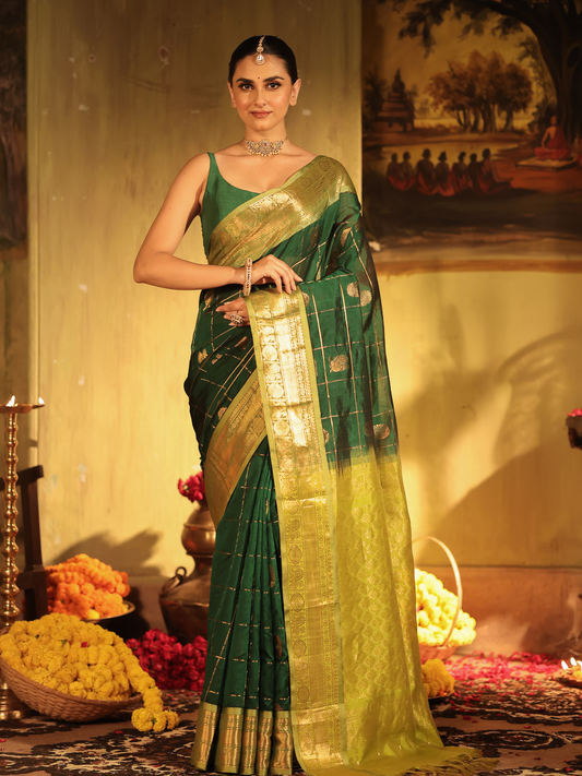 Pure Handloom Korvai Saree | Teal Peacock and Dark Green