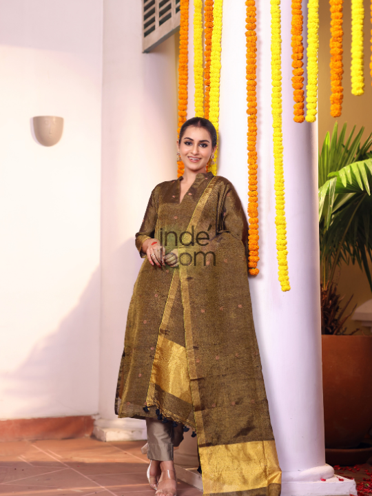 Olive Gold | Handloom Jamdani Linen Unstitched 2-Piece Kurti