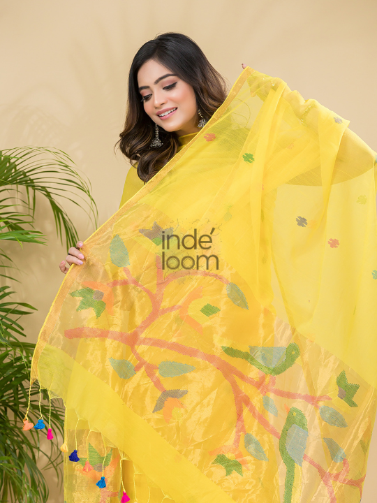 Lemon Zest | Handloom Jamdani Muslin Unstitched 2-Piece Kurti | Paithani Design