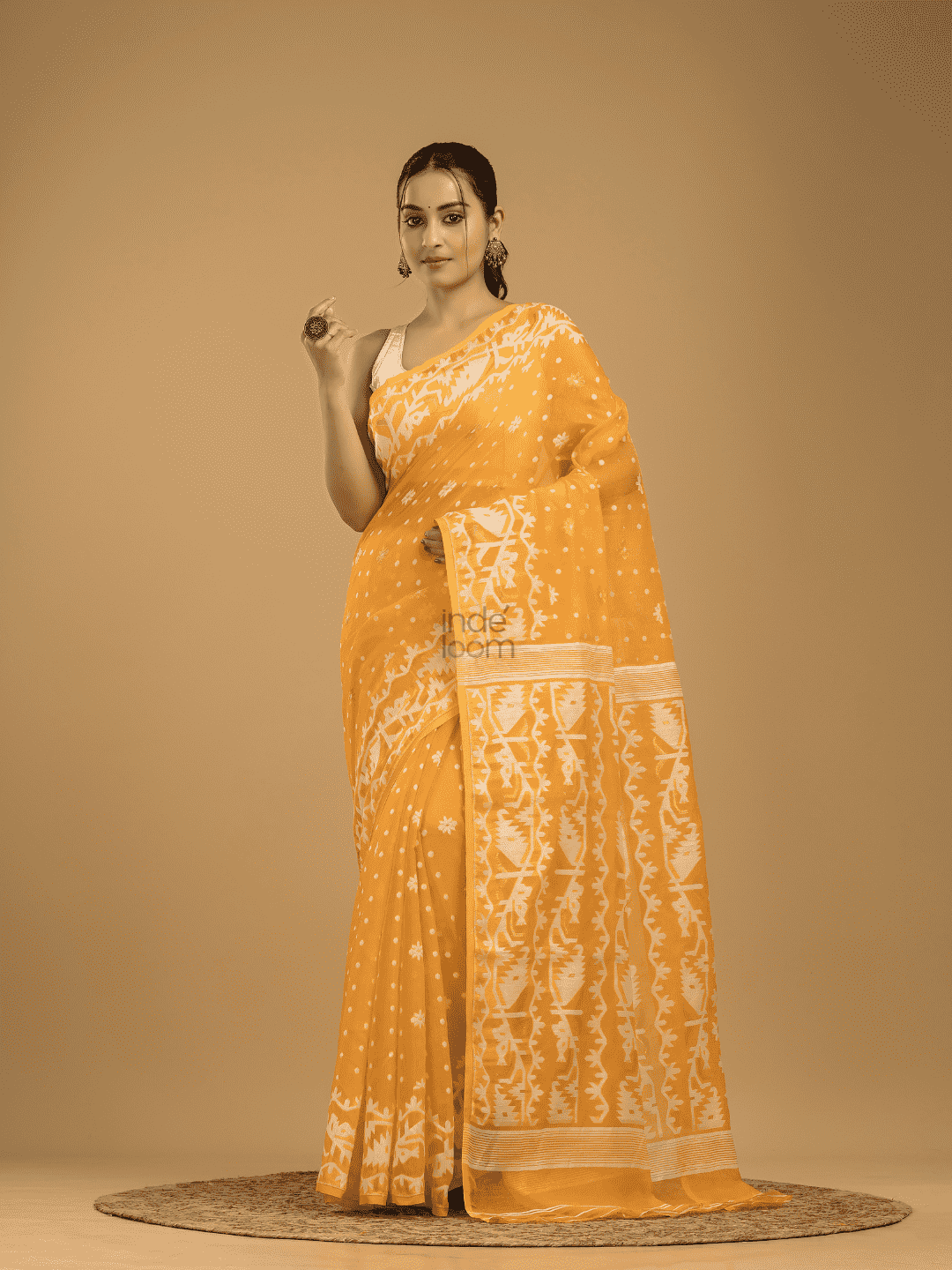 Amber Orange Cotton Silk Jamdani Saree - 001 - indeloom