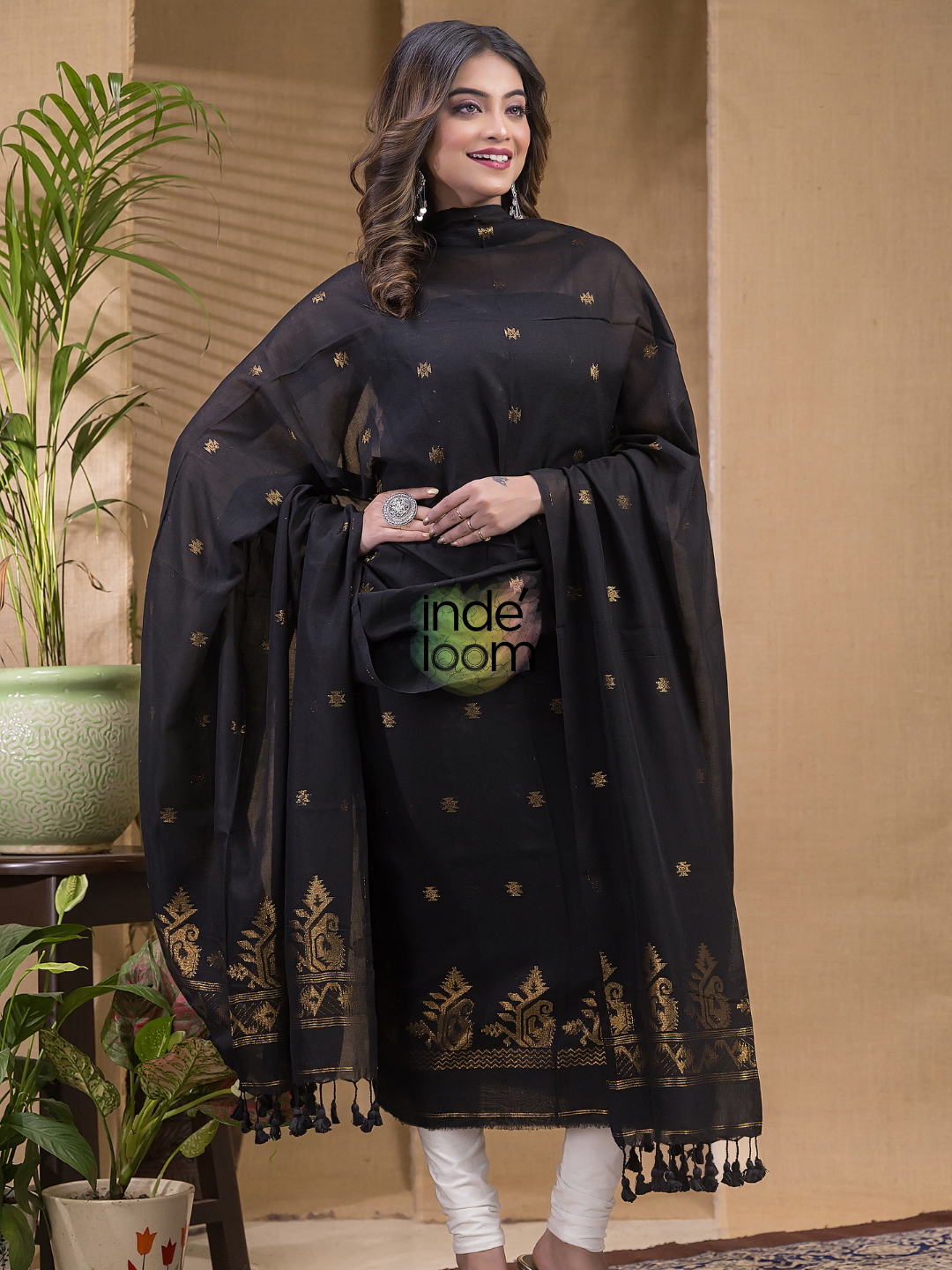 Deep Black | Handloom Jamdani Cotton Unstitched 2-Piece Kurti | Meenakari Design