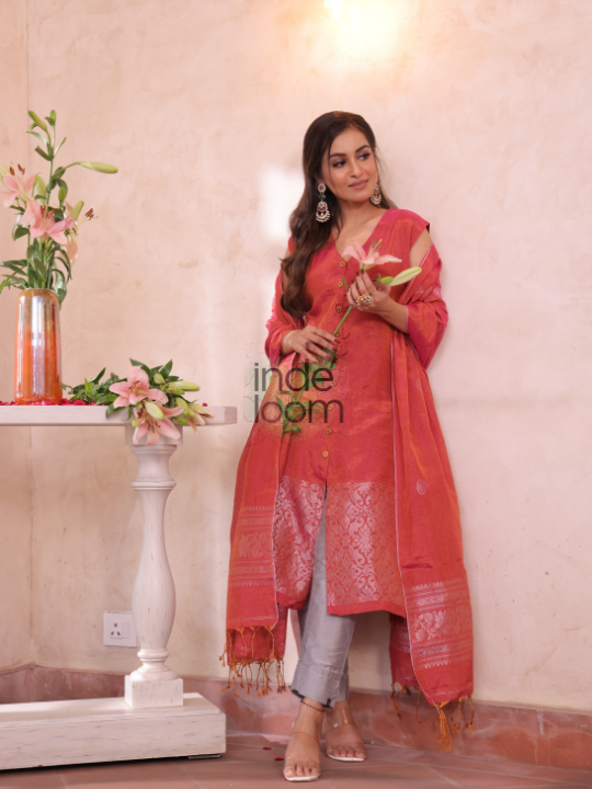 Lava Red | Handloom Jamdani Linen Unstitched 2-Piece Kurti