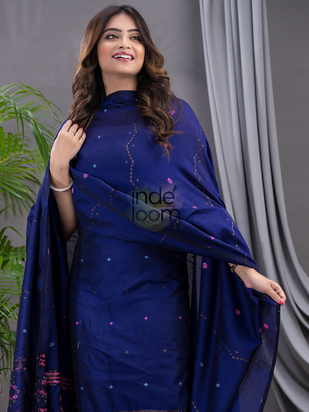 Berry Blue 120 Count Cotton Jamdani 2-Piece Set Kurti & Dupatta (UNSTITCHED) - 101