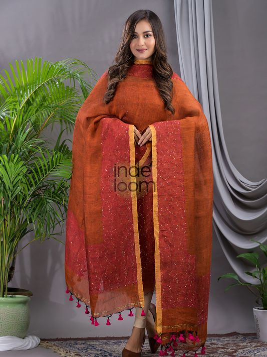 Handwoven Jamdani Linen Unstitched 2-piece Kurti  |  Rust Orange
