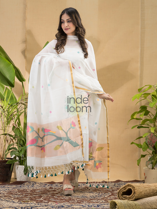 Pure White | Handloom Jamdani Muslin Unstitched 2-Piece Kurti | Paithani Design