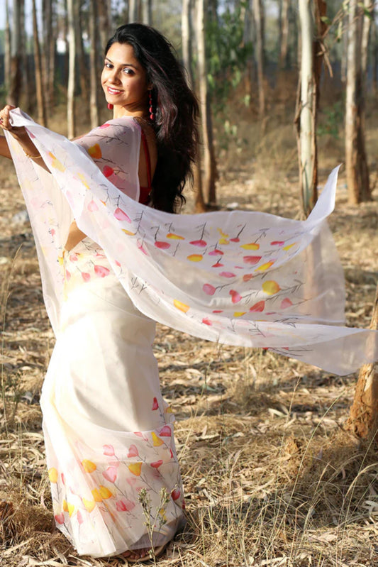 Multi Color Floral Handpainted Pure Silk Organza Saree-002