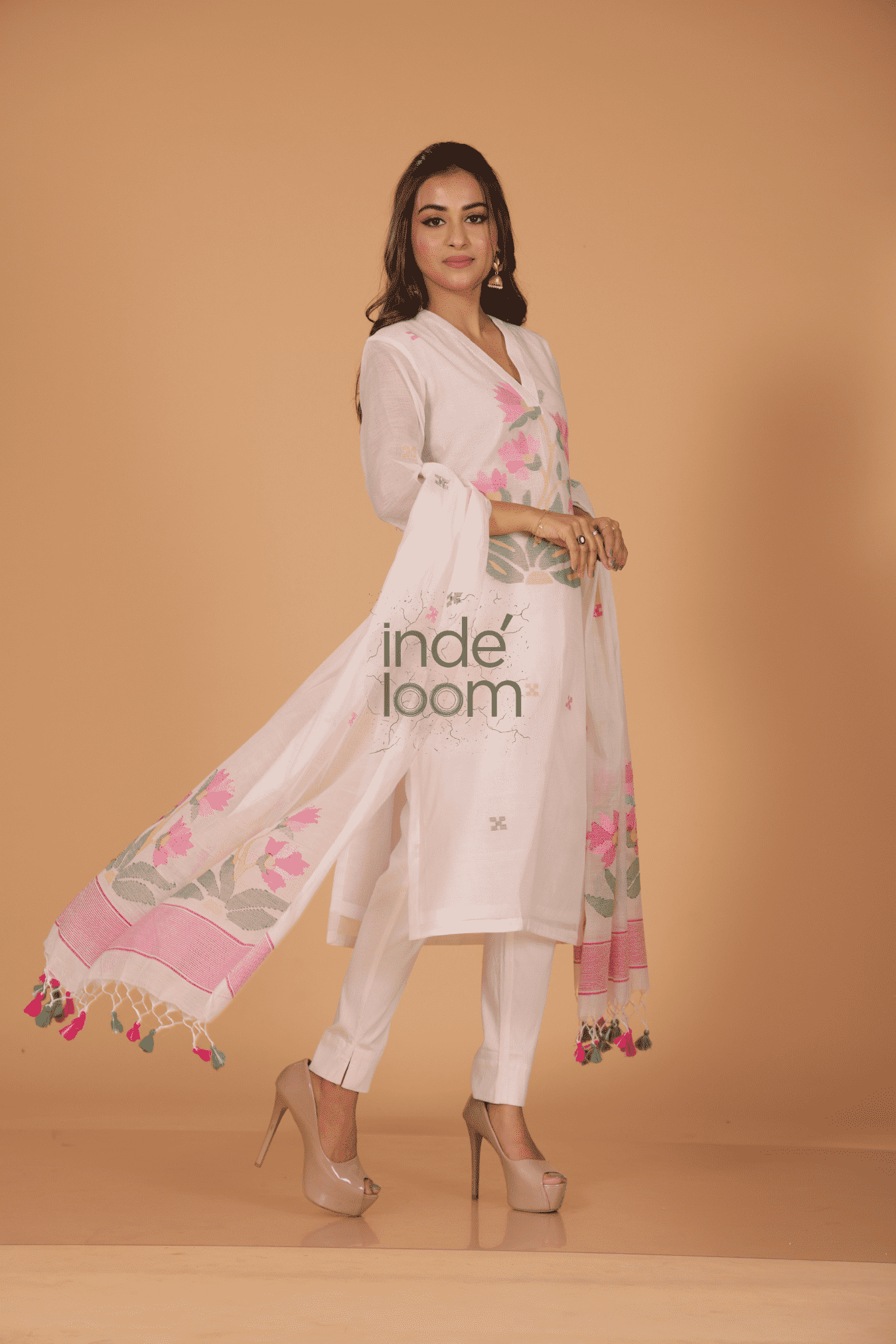 Muslin Jamdani 2-Piece Set Kurti & Dupatta (UNSTITCHED) - Pearl White - 078