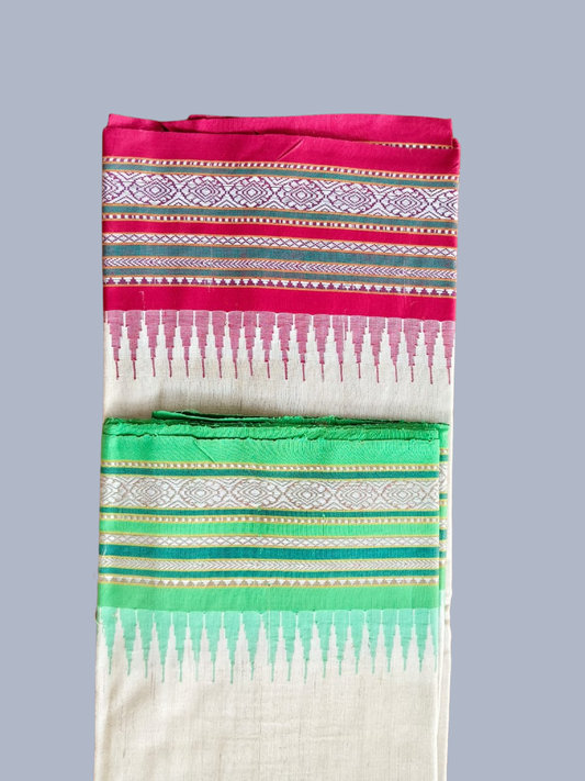 Pink and Green Handloom Vidarbha Tussar Silk Saree with Multicolor Contrast Border -013