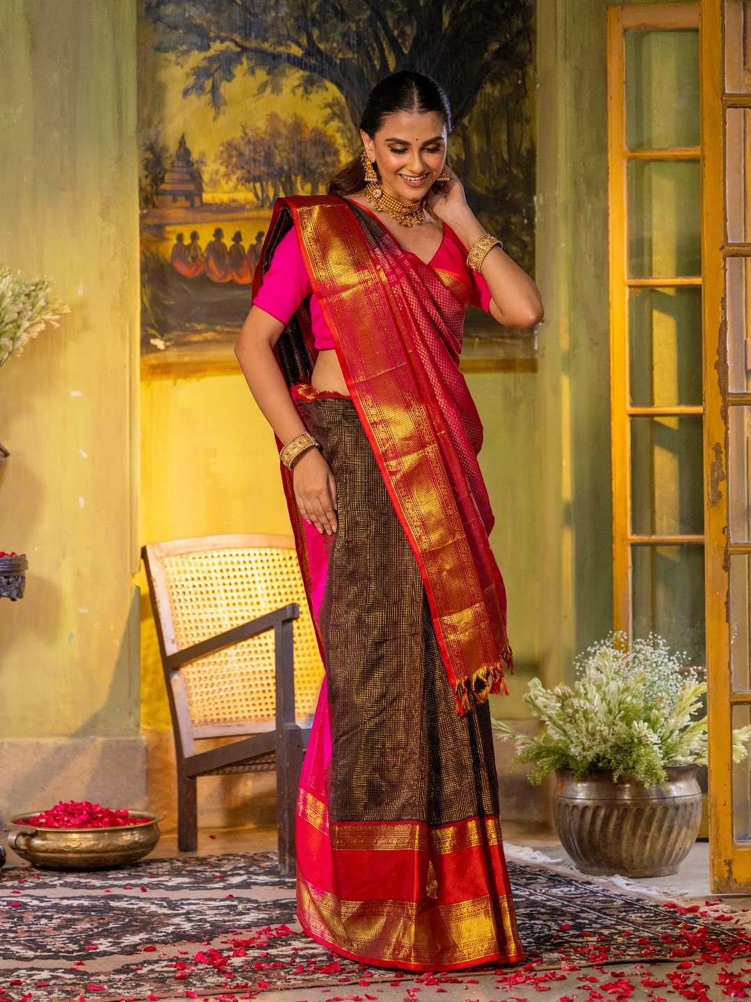 Pure Handloom Korvai Saree | Teal Blue and Golden Yellow