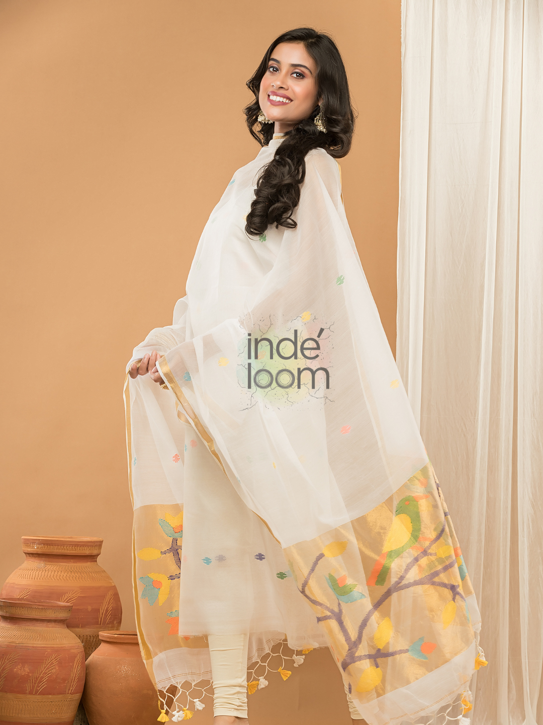 Pure White | Handloom Jamdani Muslin Unstitched 2-Piece Kurti | Paithani Design
