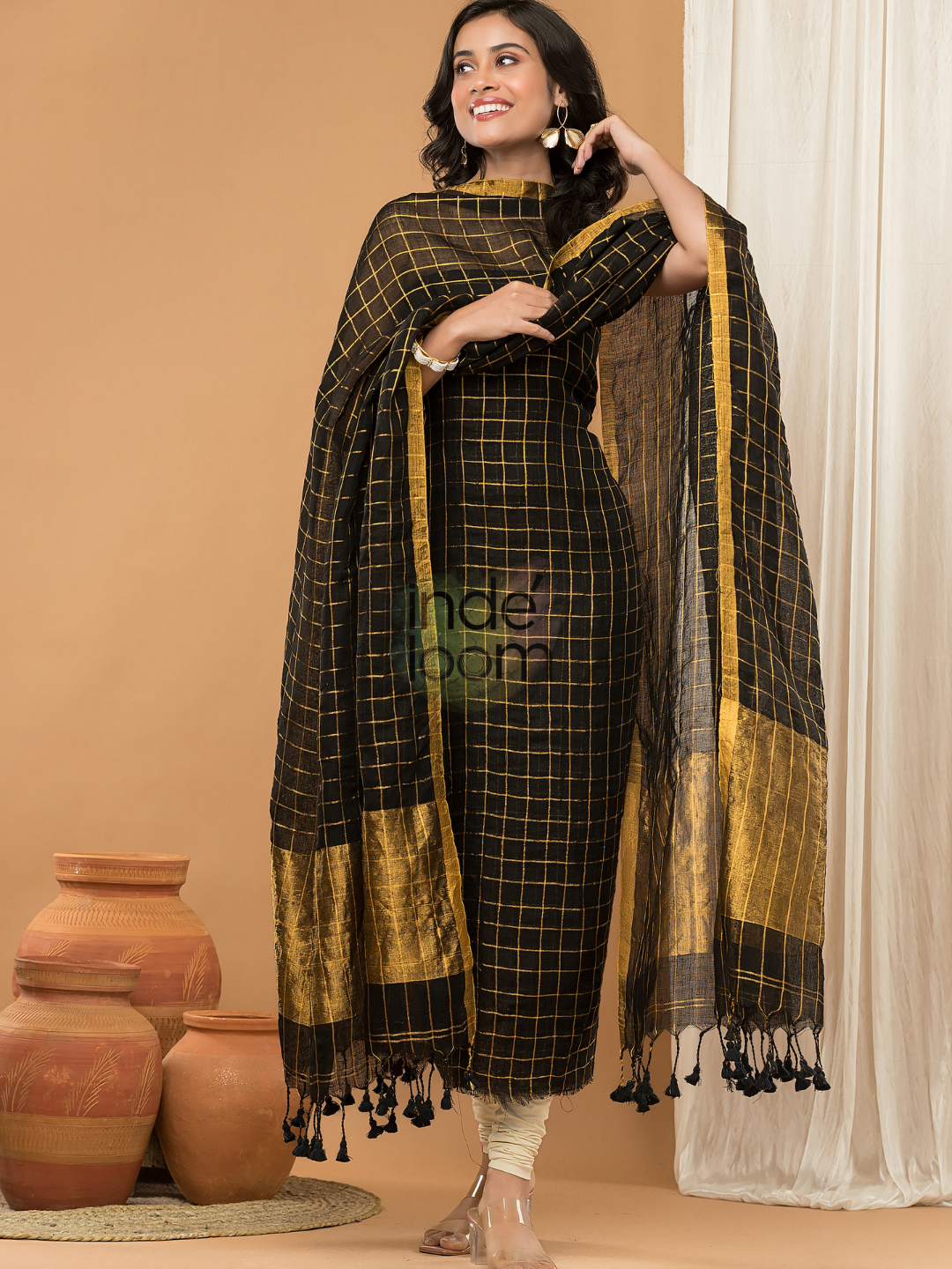 Jet Black | Handloom Jamdani Linen Unstitched 2-Piece Kurti
