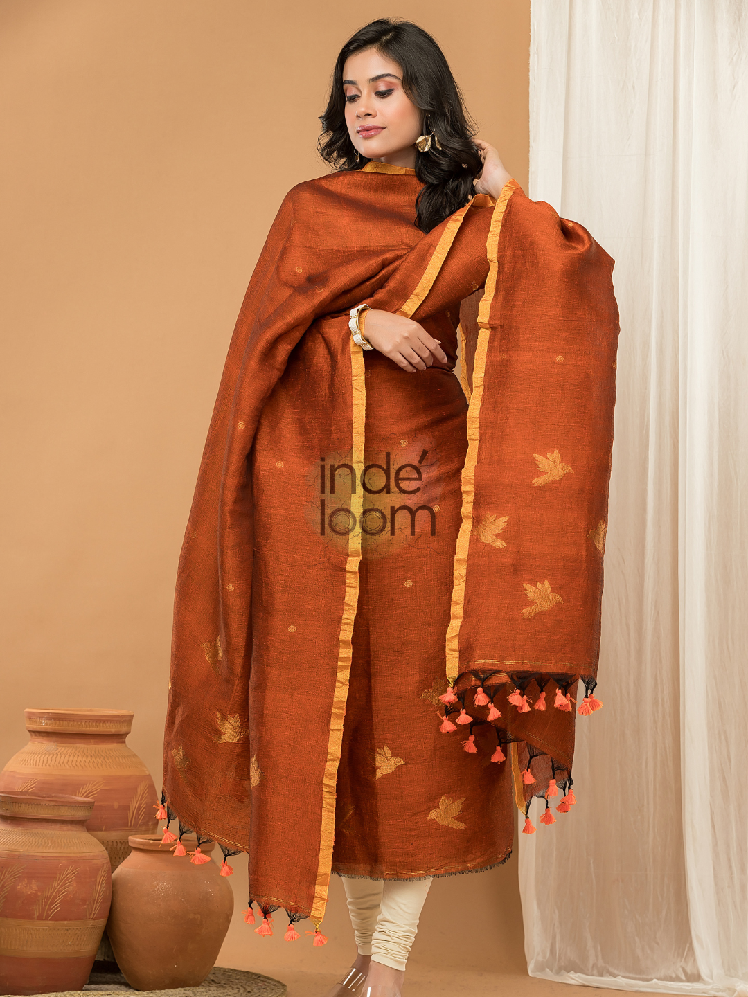 Terracotta Orange | Handloom Jamdani Linen Unstitched 2-Piece Kurti